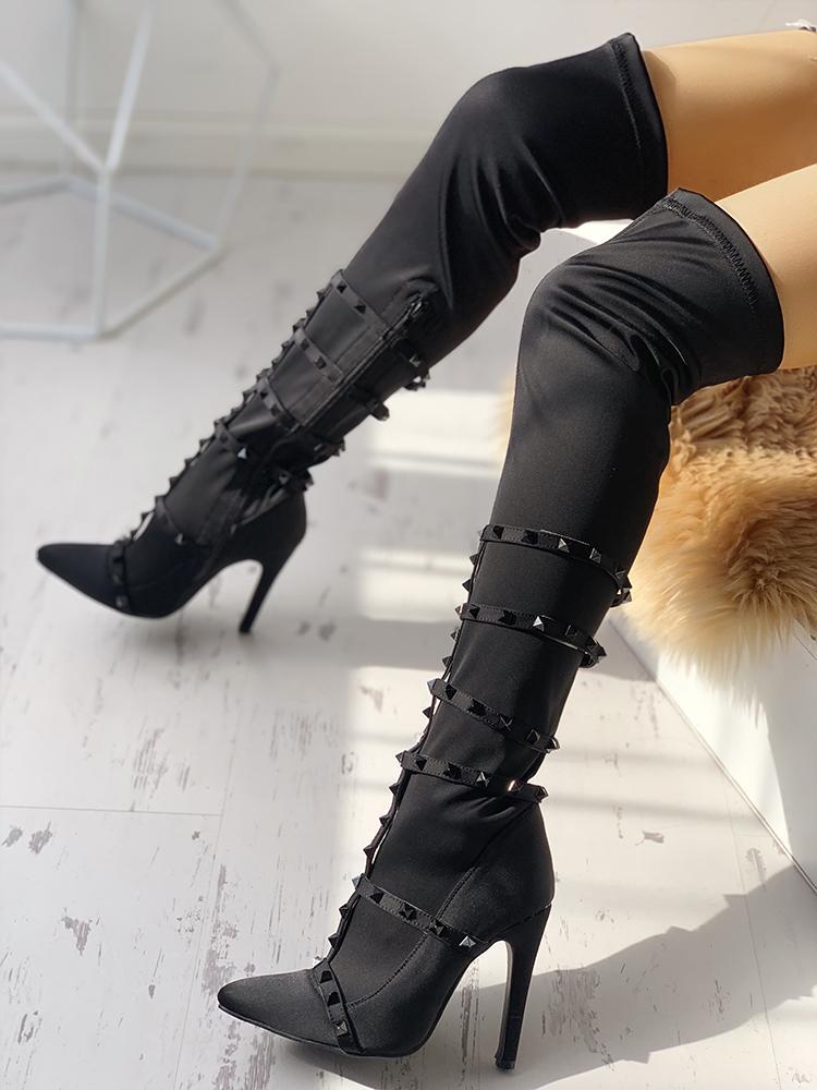 Rivets Embellished Pointed Toe Over The Knee Boots - DadHats2ow6ix