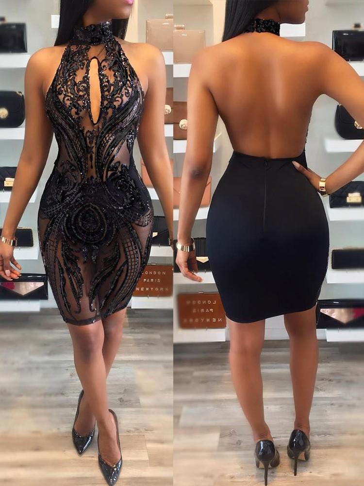 Sexy Sequins Cut Out Backless Bodycon Dress - DadHats2ow6ix