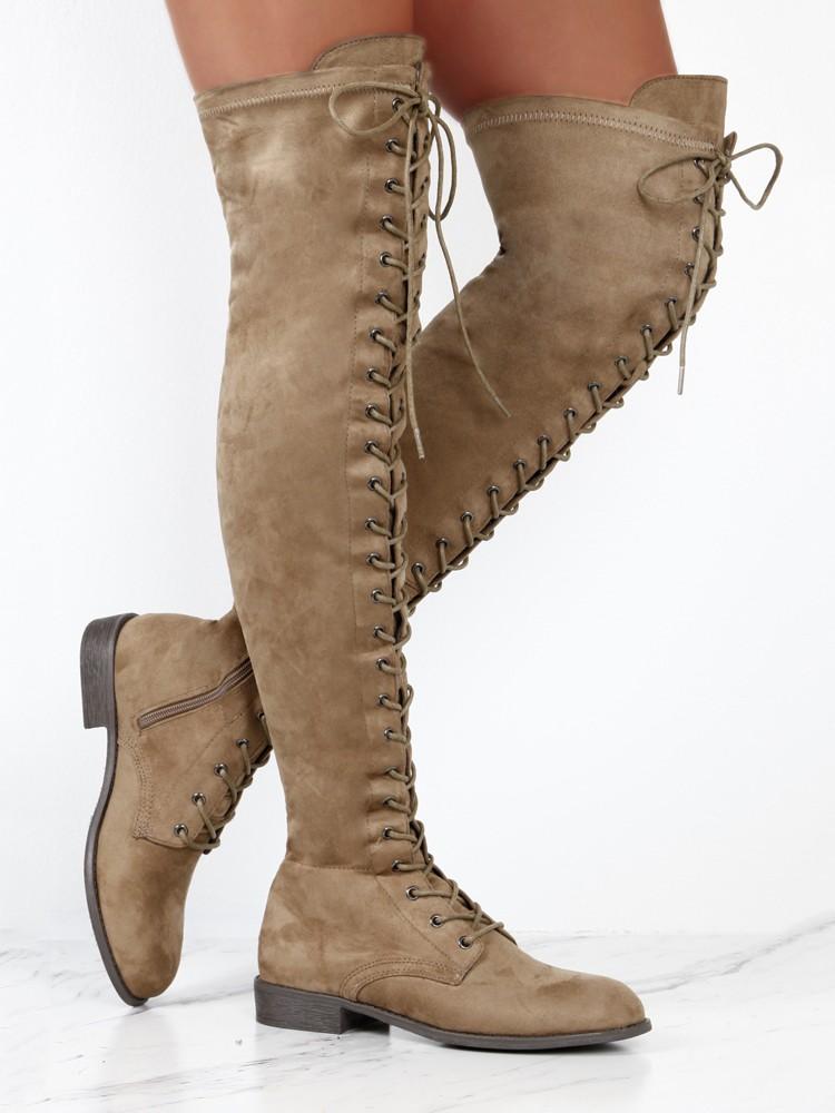 Knee-High Eyelet Lace Up Side Zipper Boots - DadHats2ow6ix