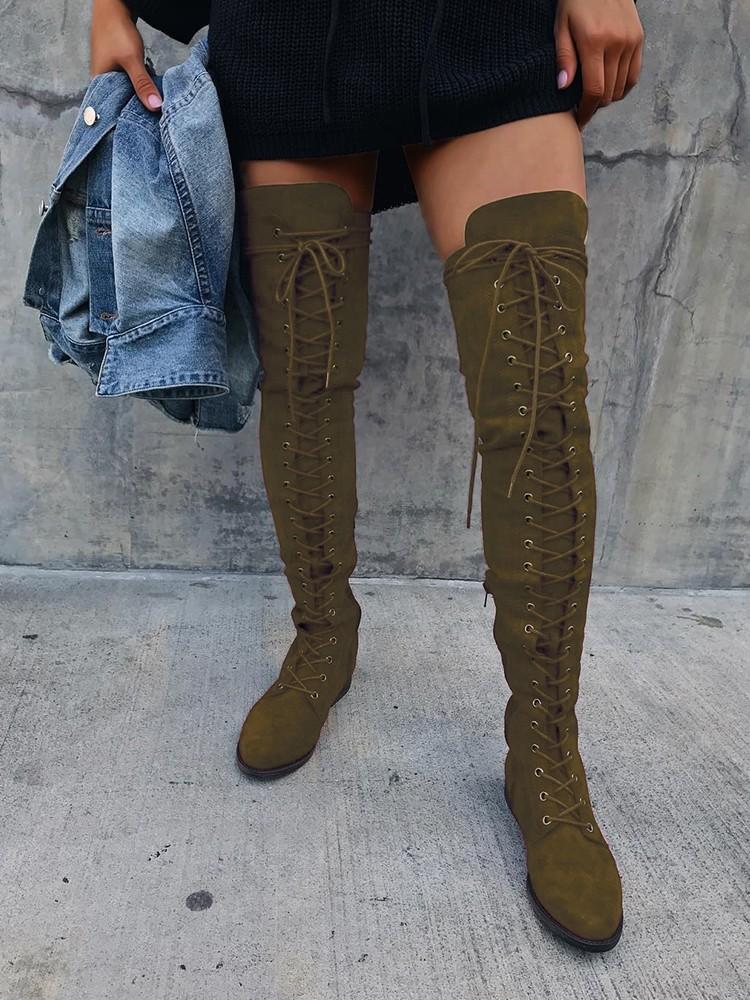 Knee-High Eyelet Lace Up Side Zipper Boots - DadHats2ow6ix