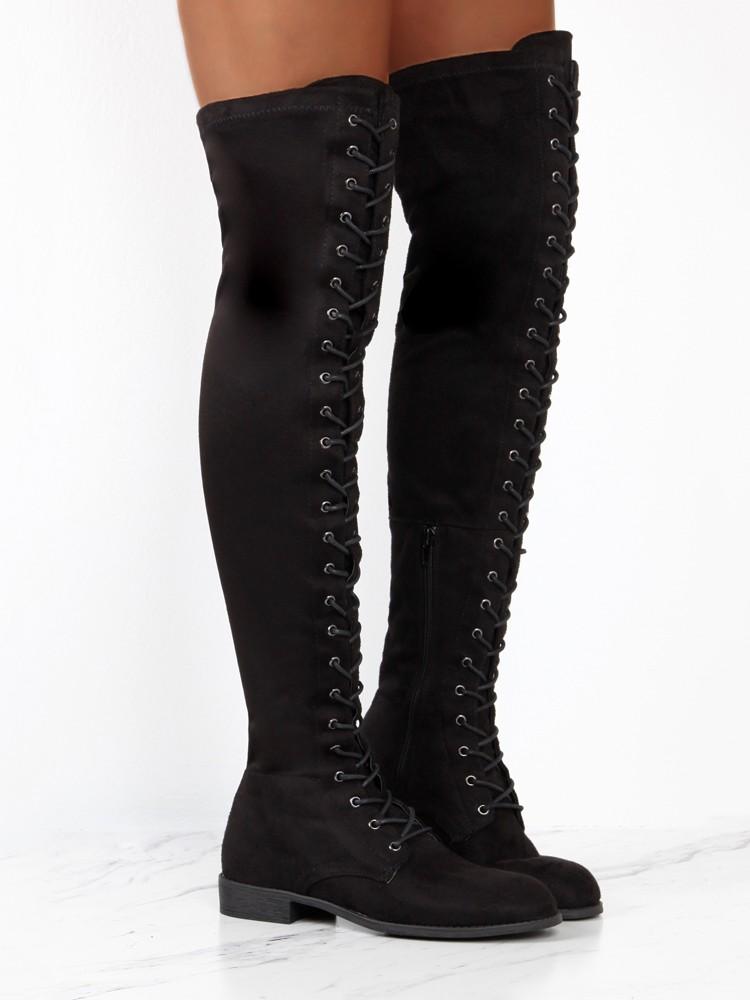 Knee-High Eyelet Lace Up Side Zipper Boots - DadHats2ow6ix