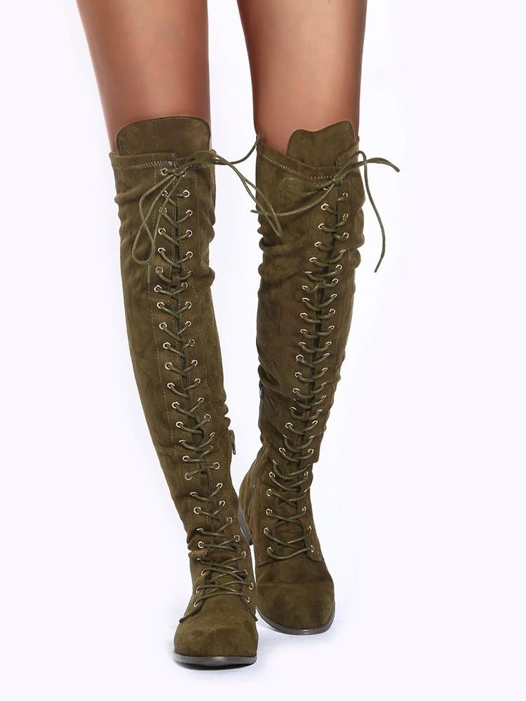 Knee-High Eyelet Lace Up Side Zipper Boots - DadHats2ow6ix