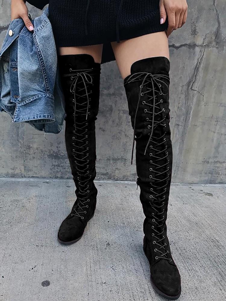 Knee-High Eyelet Lace Up Side Zipper Boots - DadHats2ow6ix