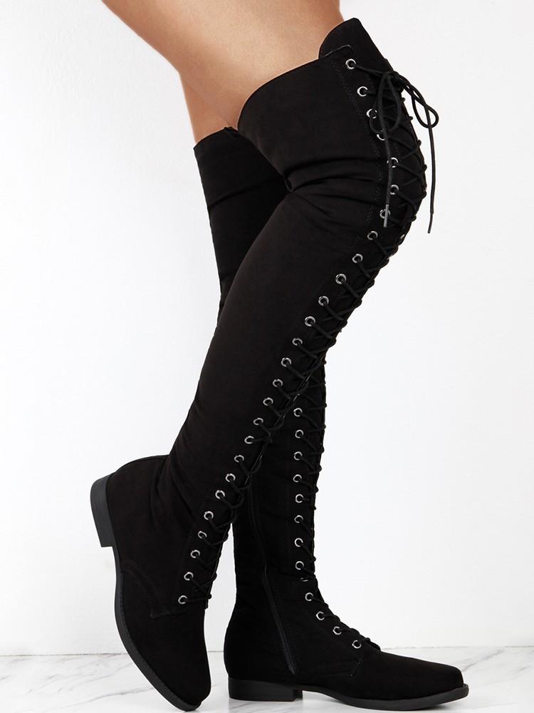 Knee-High Eyelet Lace Up Side Zipper Boots - DadHats2ow6ix