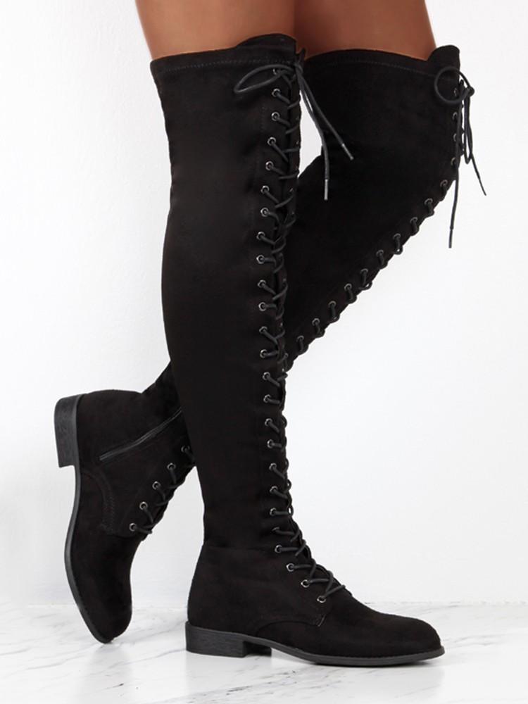 Knee-High Eyelet Lace Up Side Zipper Boots - DadHats2ow6ix