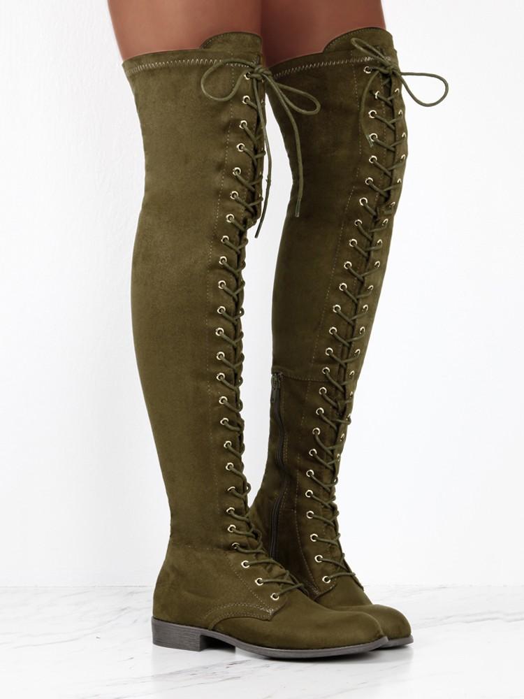 Knee-High Eyelet Lace Up Side Zipper Boots - DadHats2ow6ix