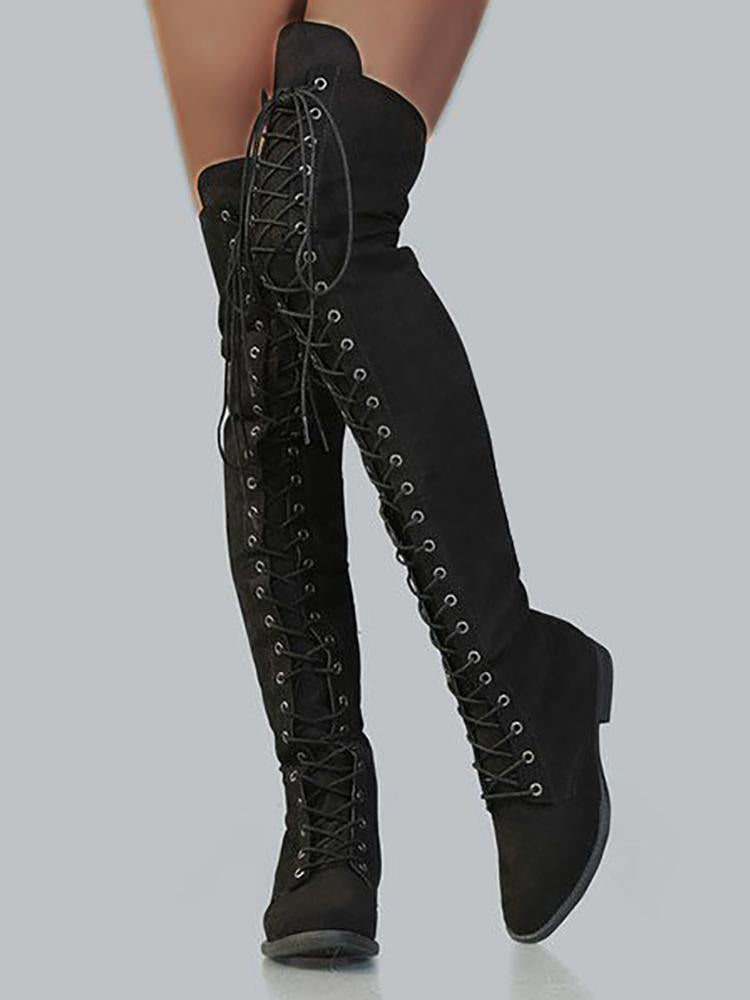 Knee-High Eyelet Lace Up Side Zipper Boots - DadHats2ow6ix