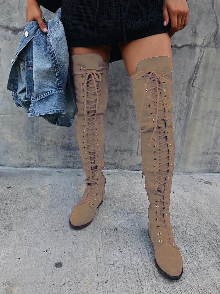 Knee-High Eyelet Lace Up Side Zipper Boots - DadHats2ow6ix