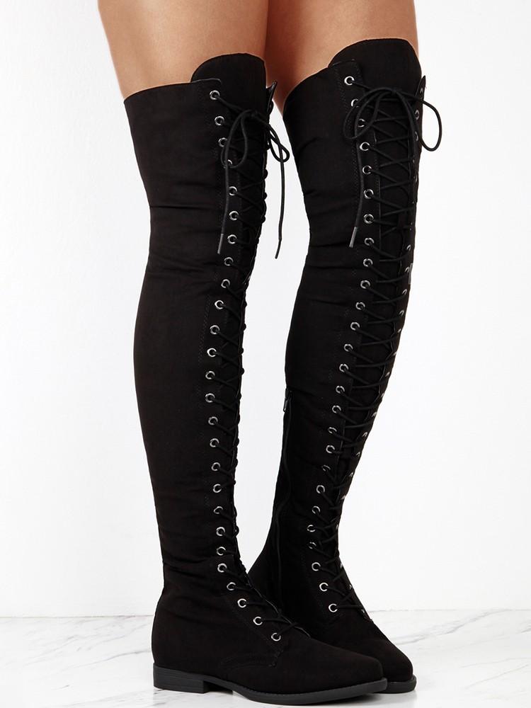 Knee-High Eyelet Lace Up Side Zipper Boots - DadHats2ow6ix