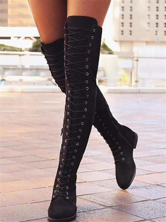 Knee-High Eyelet Lace Up Side Zipper Boots - DadHats2ow6ix