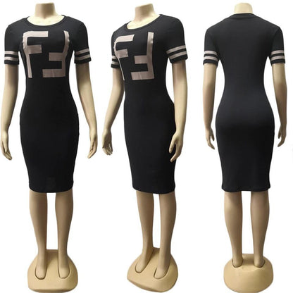 Letter Short Sleeve Bodycon Dresses - DadHats2ow6ix