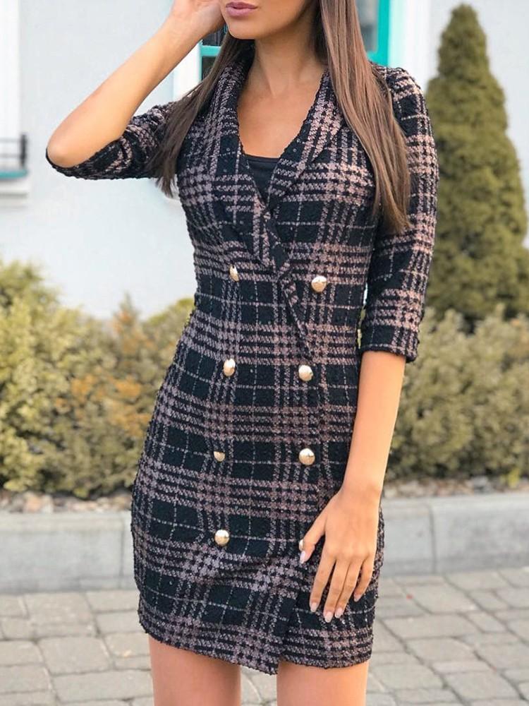 Plaid Double Breasted Tweed Blazer Dress - DadHats2ow6ix