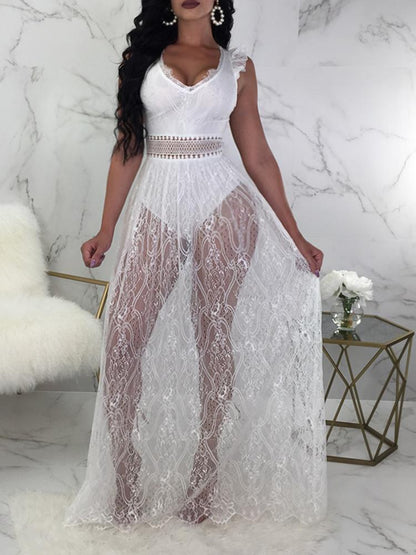 Lace Overlay Hollow Out Backless Bodysuit Dress - DadHats2ow6ix