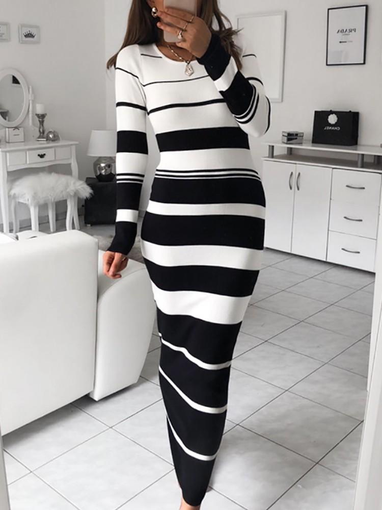 Contrast Color Striped Long Sleeve Bodycon Dress - DadHats2ow6ix