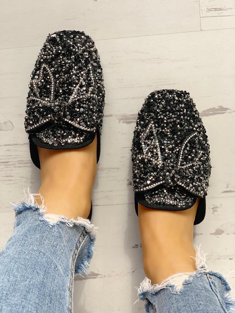 Sequins Embellished Bowknot Flat Sandals - DadHats2ow6ix