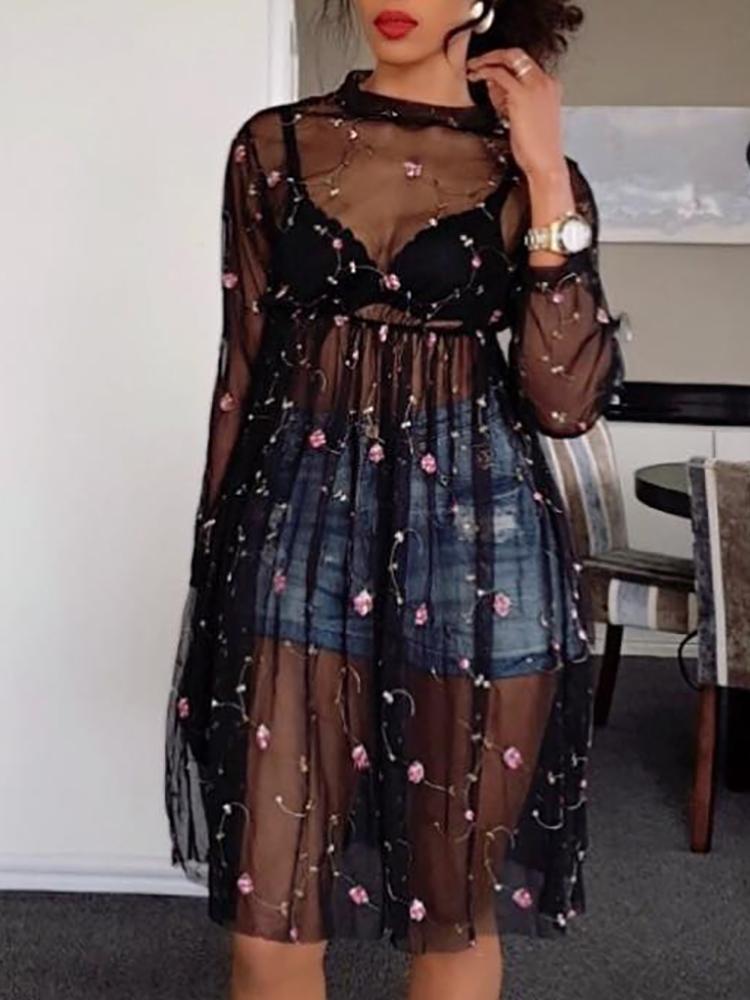 Sheer Mesh Embroidered Cover Up Dress - DadHats2ow6ix