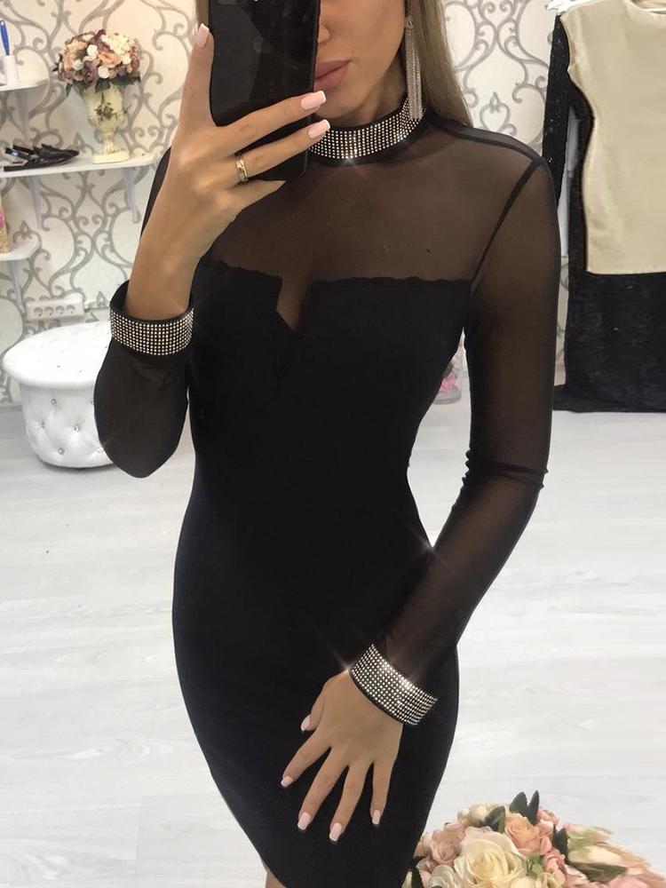 Hot Drilling Sheer Mesh Patchwork Bodycon Dress - DadHats2ow6ix