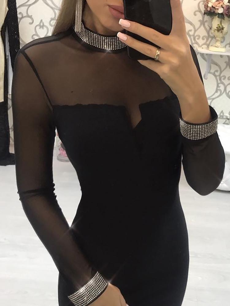 Hot Drilling Sheer Mesh Patchwork Bodycon Dress - DadHats2ow6ix