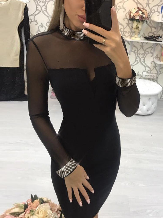 Hot Drilling Sheer Mesh Patchwork Bodycon Dress - DadHats2ow6ix