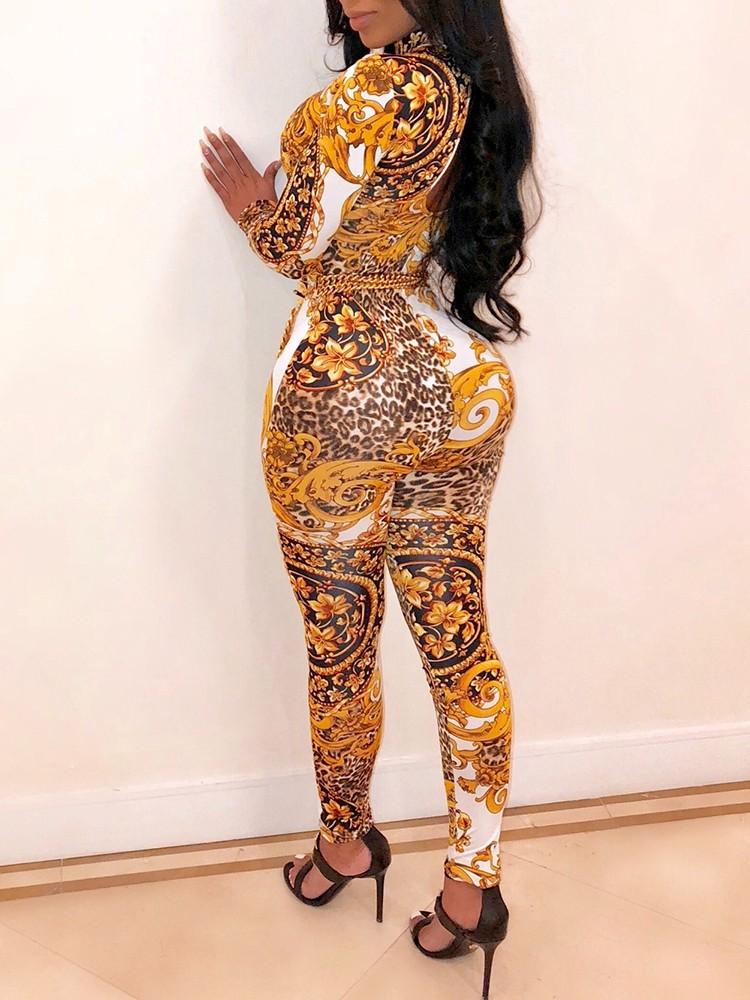 Ethnic Print Long Sleeve Slinky Jumpsuit - DadHats2ow6ix