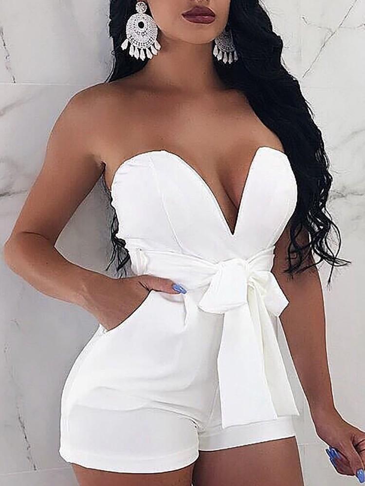 Sweetheart Deep V Neck Solid Waist Belted Tube Romper - DadHats2ow6ix