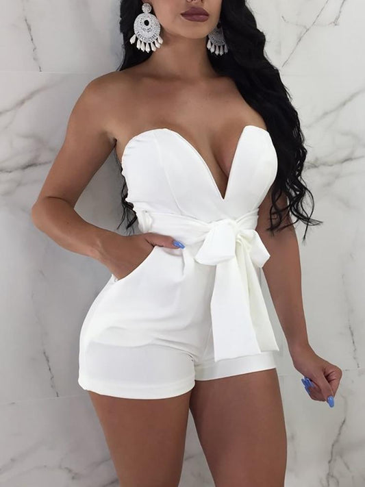 Sweetheart Deep V Neck Solid Waist Belted Tube Romper - DadHats2ow6ix