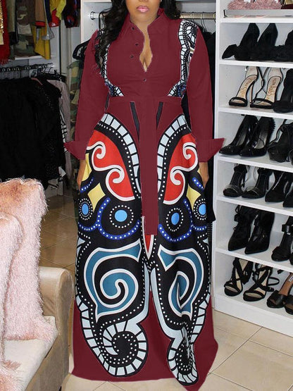 Abstract Pattern Long Sleeve Shirt Dress - DadHats2ow6ix