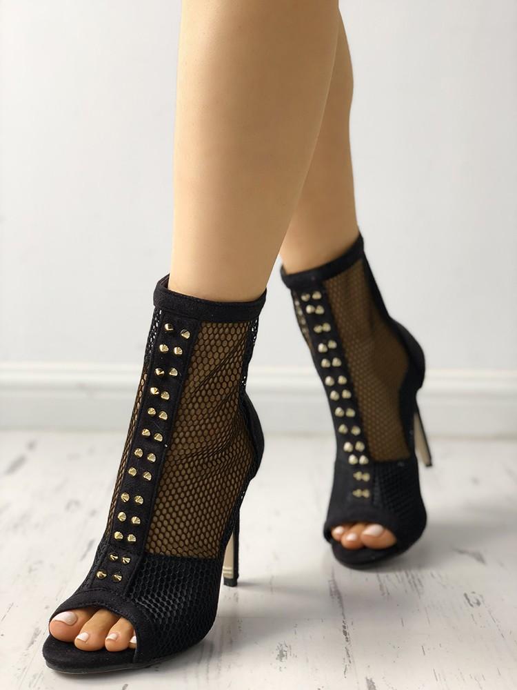 Rivet Embellished Fishnet Thin Heeled Boots - DadHats2ow6ix