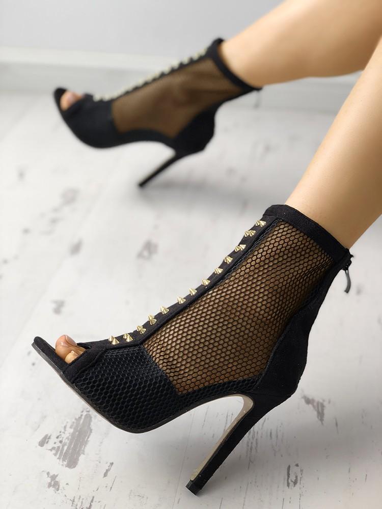 Rivet Embellished Fishnet Thin Heeled Boots - DadHats2ow6ix