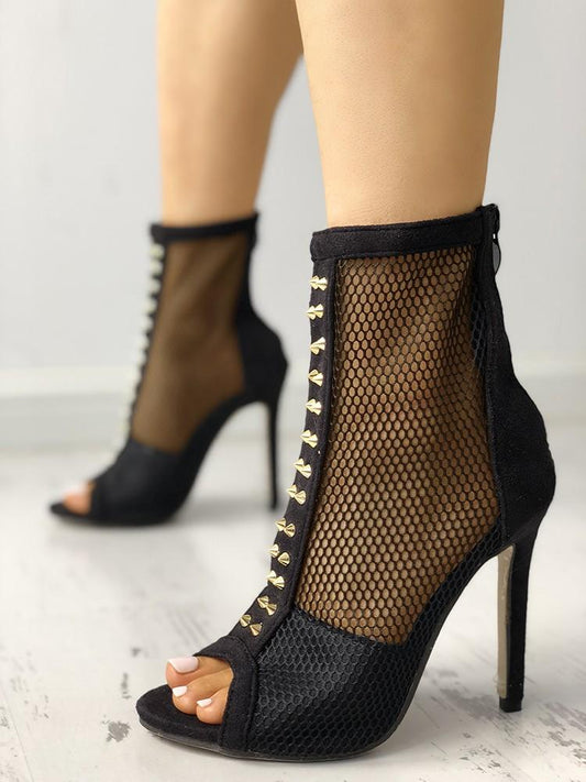 Rivet Embellished Fishnet Thin Heeled Boots - DadHats2ow6ix