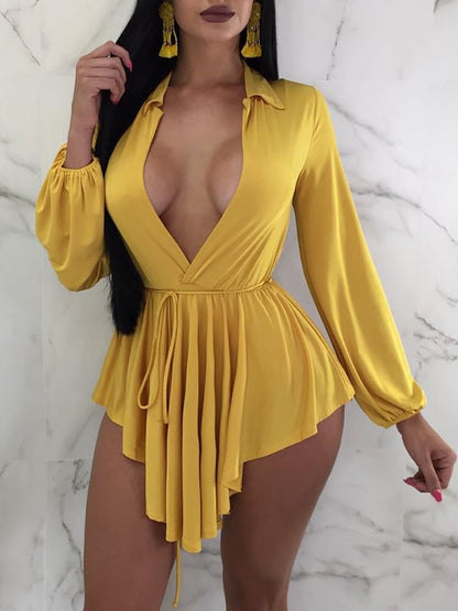Solid Plunge Irregular Long Sleeve Mini Dress - DadHats2ow6ix
