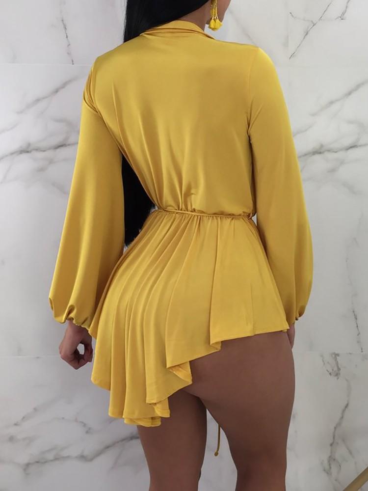 Solid Plunge Irregular Long Sleeve Mini Dress - DadHats2ow6ix