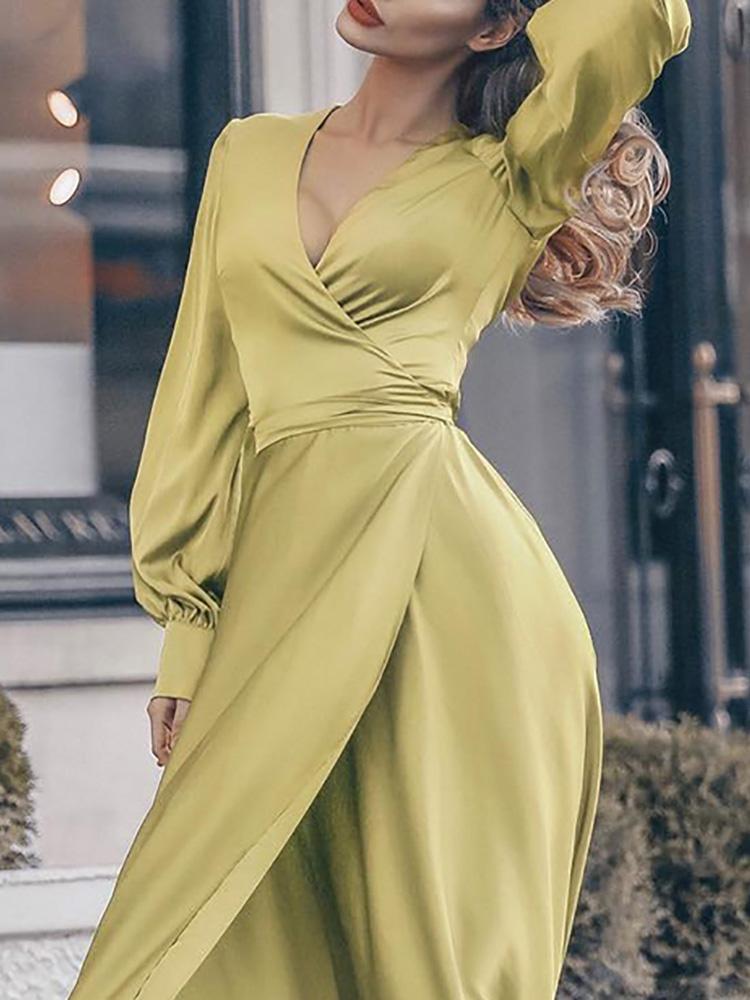 Lantern Sleeve V-Neck Wrap Irregular Maxi Dress - DadHats2ow6ix