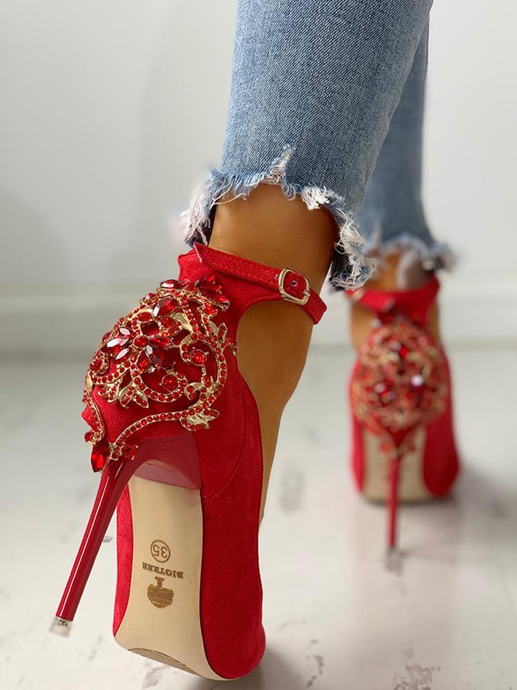 Gem-Studded Pointed Toe Ankle Strap Heels - DadHats2ow6ix