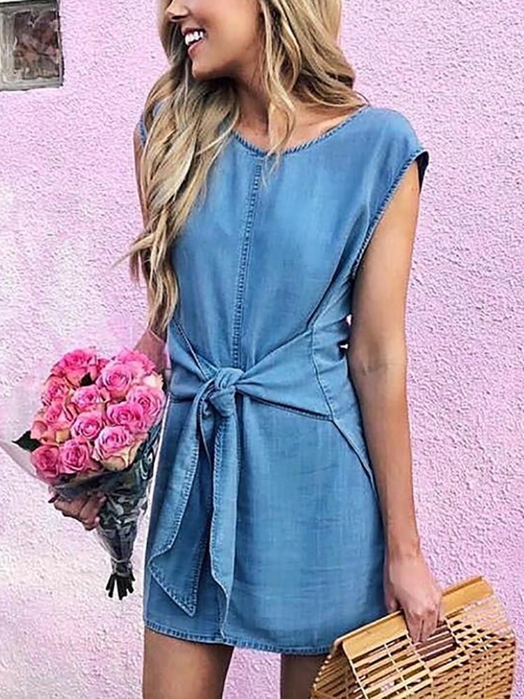 Denim Boat Neck Knot Front Mini Dress - DadHats2ow6ix