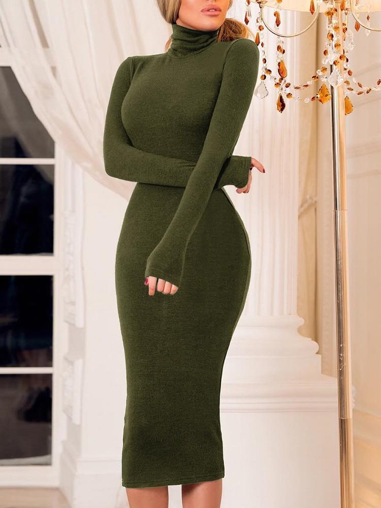 Solid High Neck Bodycon Dress - DadHats2ow6ix