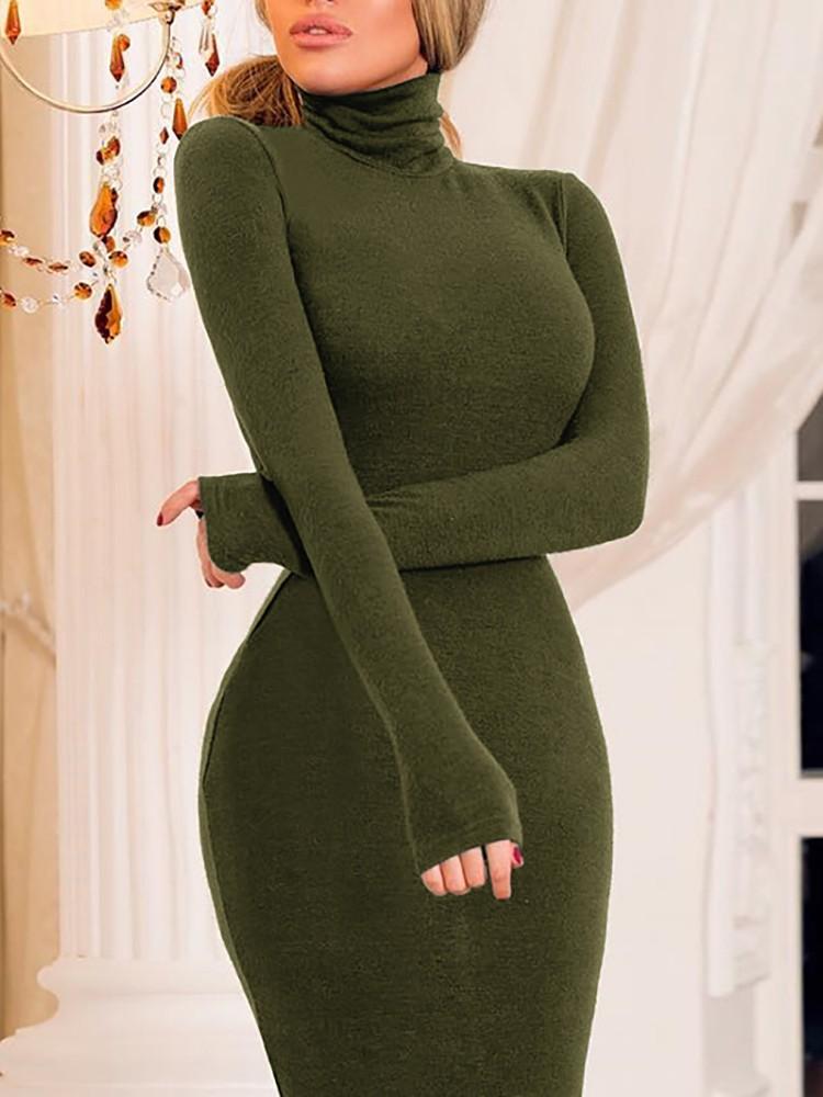 Solid High Neck Bodycon Dress - DadHats2ow6ix