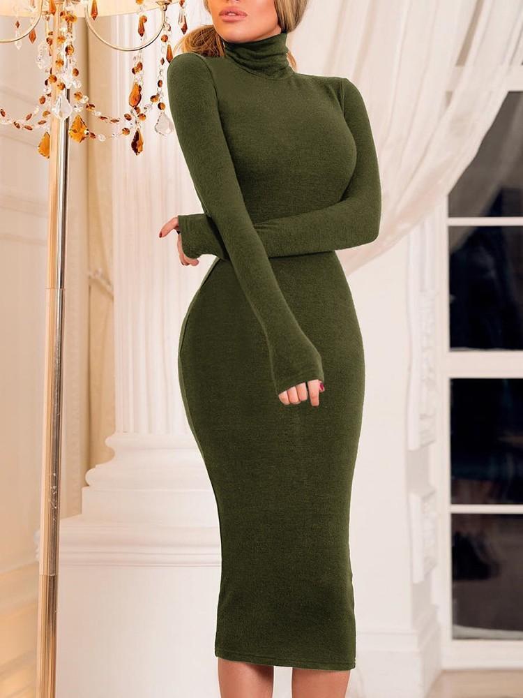 Solid High Neck Bodycon Dress - DadHats2ow6ix