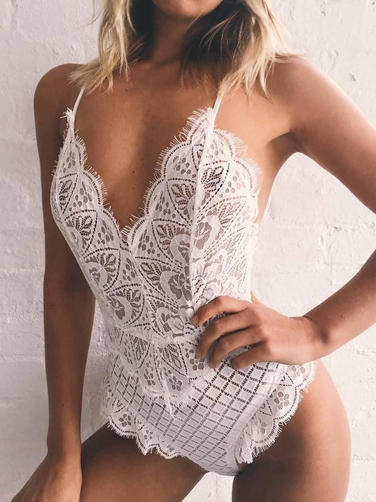 Seductive Eyelash Fringe Lace Strappy Romper - DadHats2ow6ix