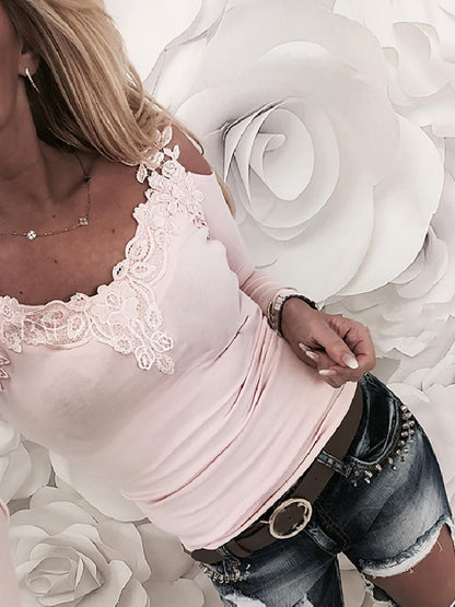 Lace Applique Long Sleeve Slim Fit Casual Blouse - DadHats2ow6ix