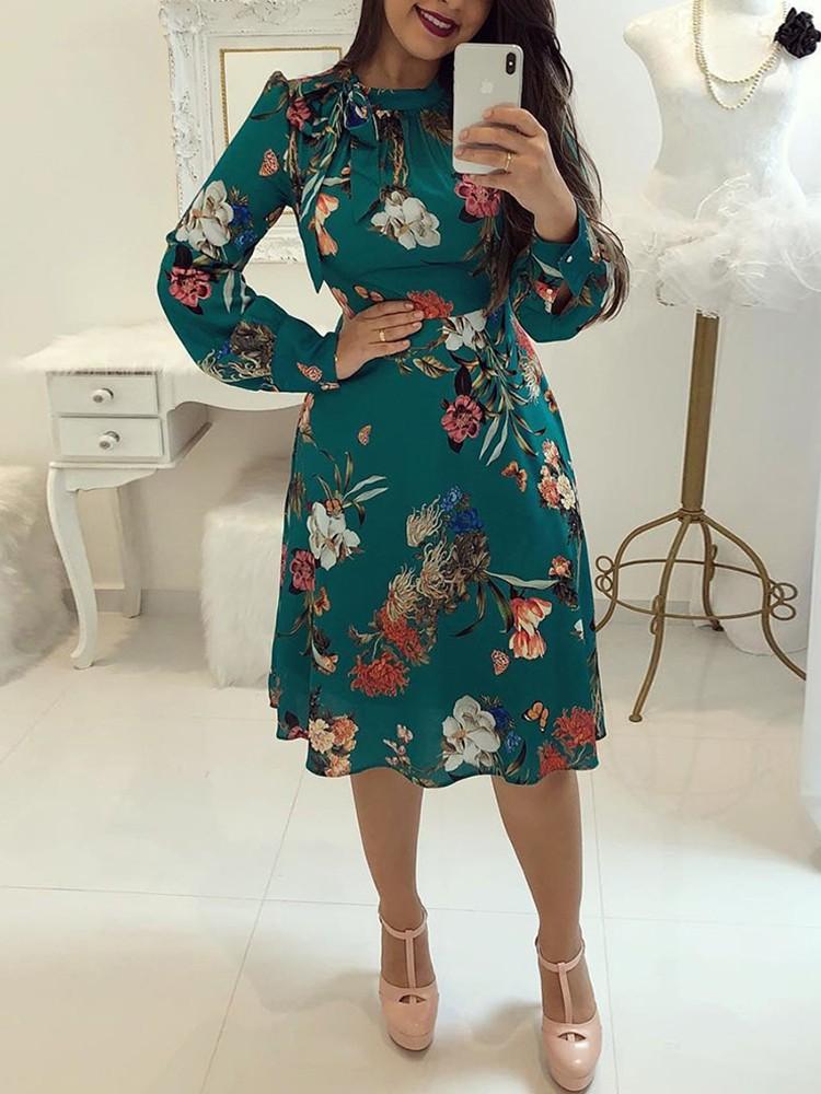 Floral Print Tie Neck Long Sleeve Casual Dress - DadHats2ow6ix