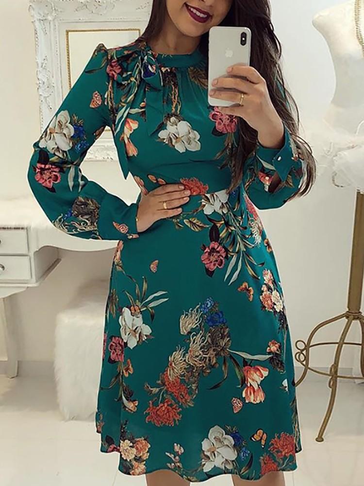 Floral Print Tie Neck Long Sleeve Casual Dress - DadHats2ow6ix