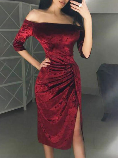 Velvet Off Shoulder Ruched Thigh Slit Dress - DadHats2ow6ix