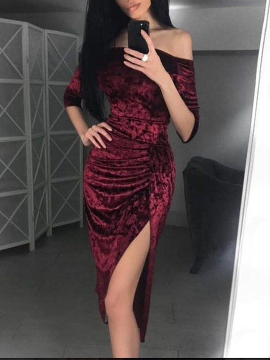 Velvet Off Shoulder Ruched Thigh Slit Dress - DadHats2ow6ix