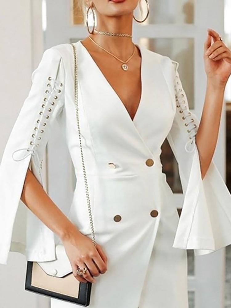 Solid Lace-Up Slit Sleeve Blazer Bodycon Dress - DadHats2ow6ix