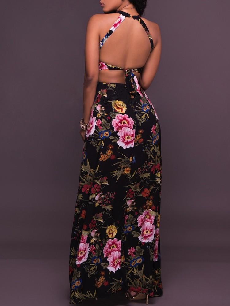 Vintage Halter Open Back Strappy Slit Maxi Dress - DadHats2ow6ix