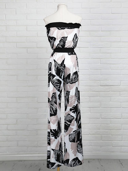 Tropical Print Strapless Drawstring Waist Jumpsuit - DadHats2ow6ix