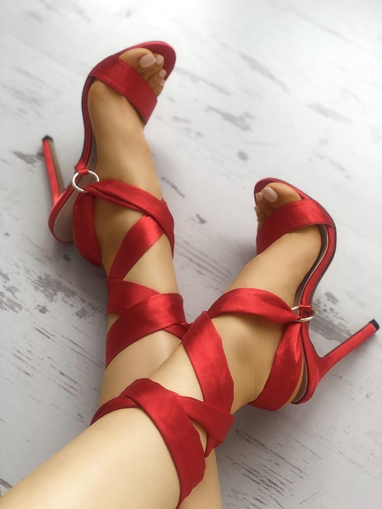 Satin Solid Strappy Thin Heeled Sandals - DadHats2ow6ix