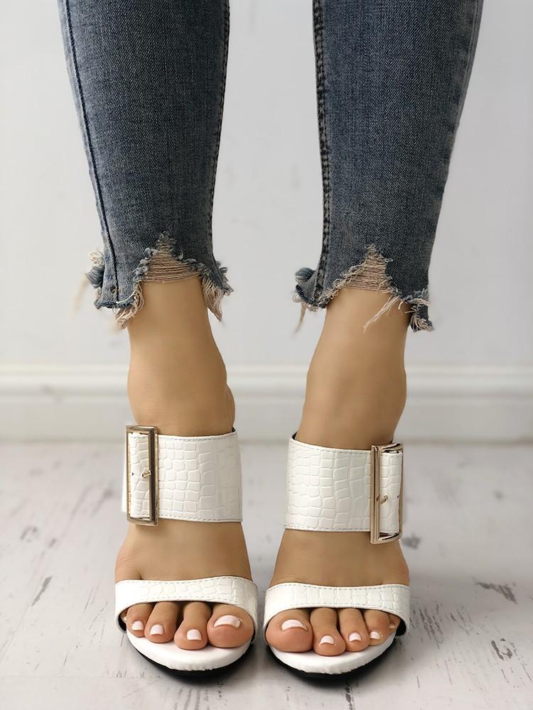 Solid Snakeskin Buckled Thin Heeled Sandals - DadHats2ow6ix