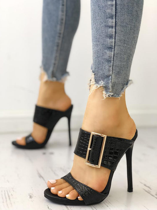 Solid Snakeskin Buckled Thin Heeled Sandals - DadHats2ow6ix